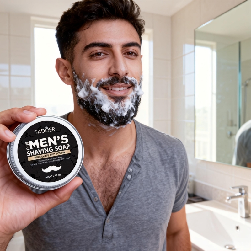 Beard Oil - 60gのメンズシェービングソープにはミントエキス、オリーブフルーツオイル、トコフェロールが含まれており、肌に害を与えず、ひげを柔らかくし、滑らかなシェービングを実現します。濃厚で細かい泡で、ひげを簡単に柔らかくし、シェービングをよりスムーズにします。メンズシェービングソープ60gはひげを柔らかくし、滑らかなシェービングを実現します。