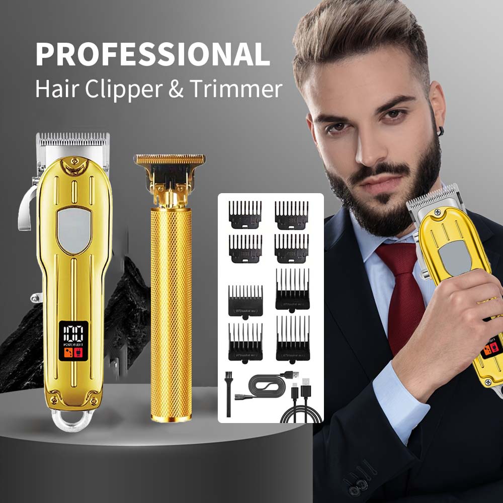 Body Trimmer - 2 in 1電動バリカン＆T字型トリマーセット（男性用）-コードレス髭剃り＆ヘアカットマシン（LCDディスプレイ付き）、USB充電式グルーミングキット（8種類のガイドコーム付き）