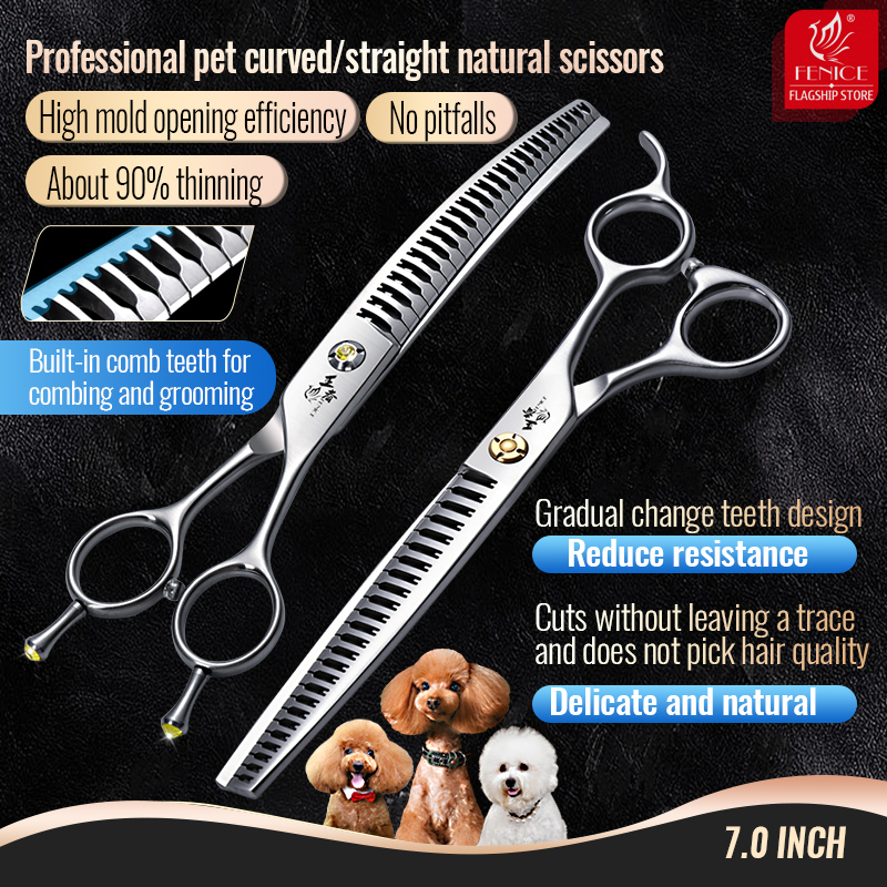 Grooming Scissors - Fenice vg10プロのペットはさみ、湾曲したストレート細い、天然はさみ、犬のグルーミングギア、櫛が統合された、90% 、7インチ
